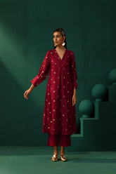 Truebrowns Maroon Diamond Viscose Silk Puff Sleeve Kurta Pant Set